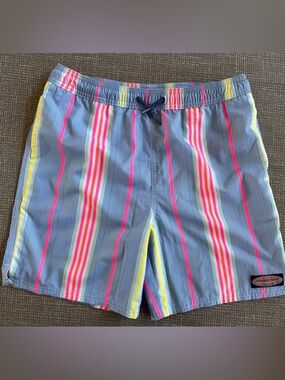 Vineyard Vines Boys Swim Trunks L Blue Pink Yellow Striped Board Shorts Mesh